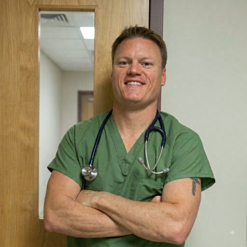 Jason W. Voelke in hospital scrubs with a stethoscope